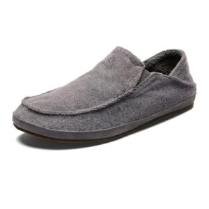 OLUKAI Moloa Hulu Men's Wool-Blend Slippers, Soft & Heathered Knit Slip On Shoes, Suede Leather Foxing, Drop-in Heel Design, Rock/Rock, 9