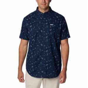 Columbia Men's Rapid Rivers Printed Short Sleeve Shirt, Collegiate Navy Explorer, Small