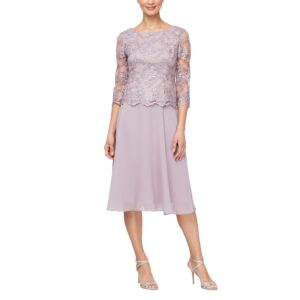 Alex Evenings Women's Tea Length Embroidered Bodice Mother of The Bride Gown, Wedding Guest Dress (Petite and Regular Sizes), Wisteria, 6