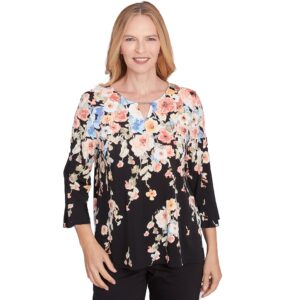 Alfred Dunner Women's Falling Flower Beaded Split Neck Top Size L Black